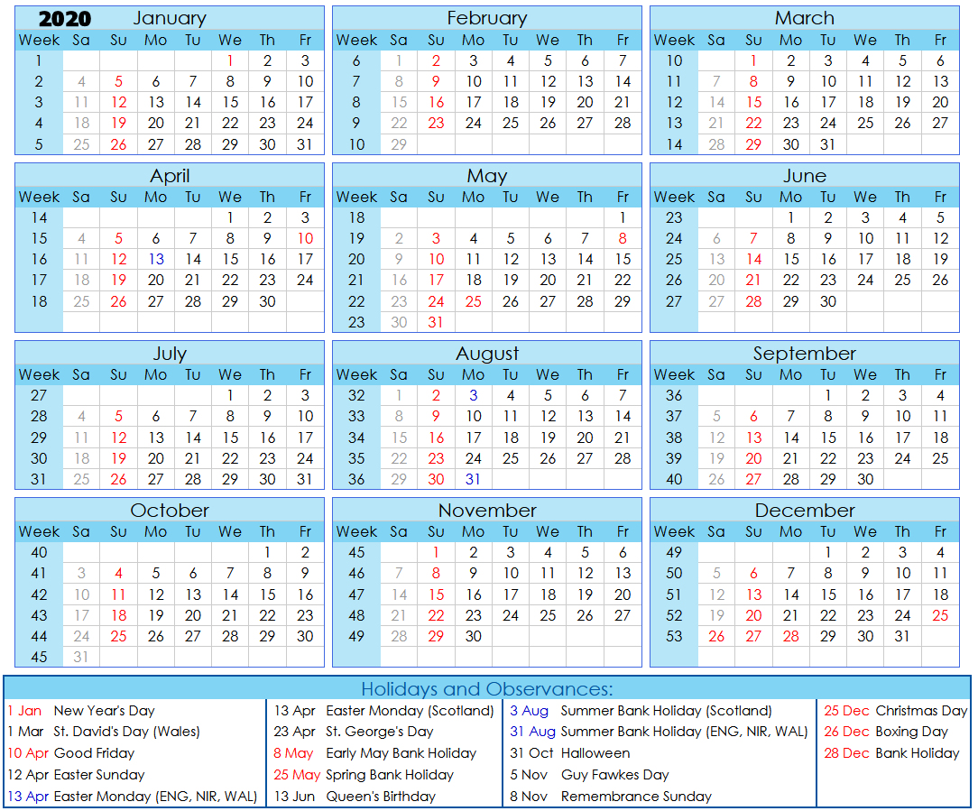 2020 Calendar & Week Nos + Hols 270819 N | No.62 on the Gower